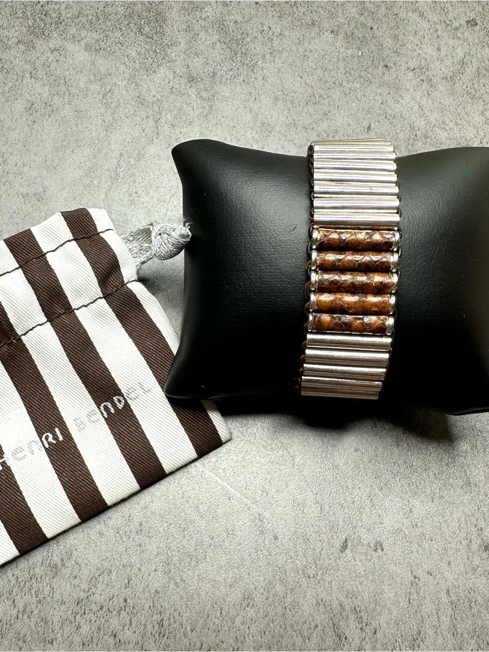 Henri Bendel Adjustable Leather & Silver Tone Statement Bracelet Boho Cuff